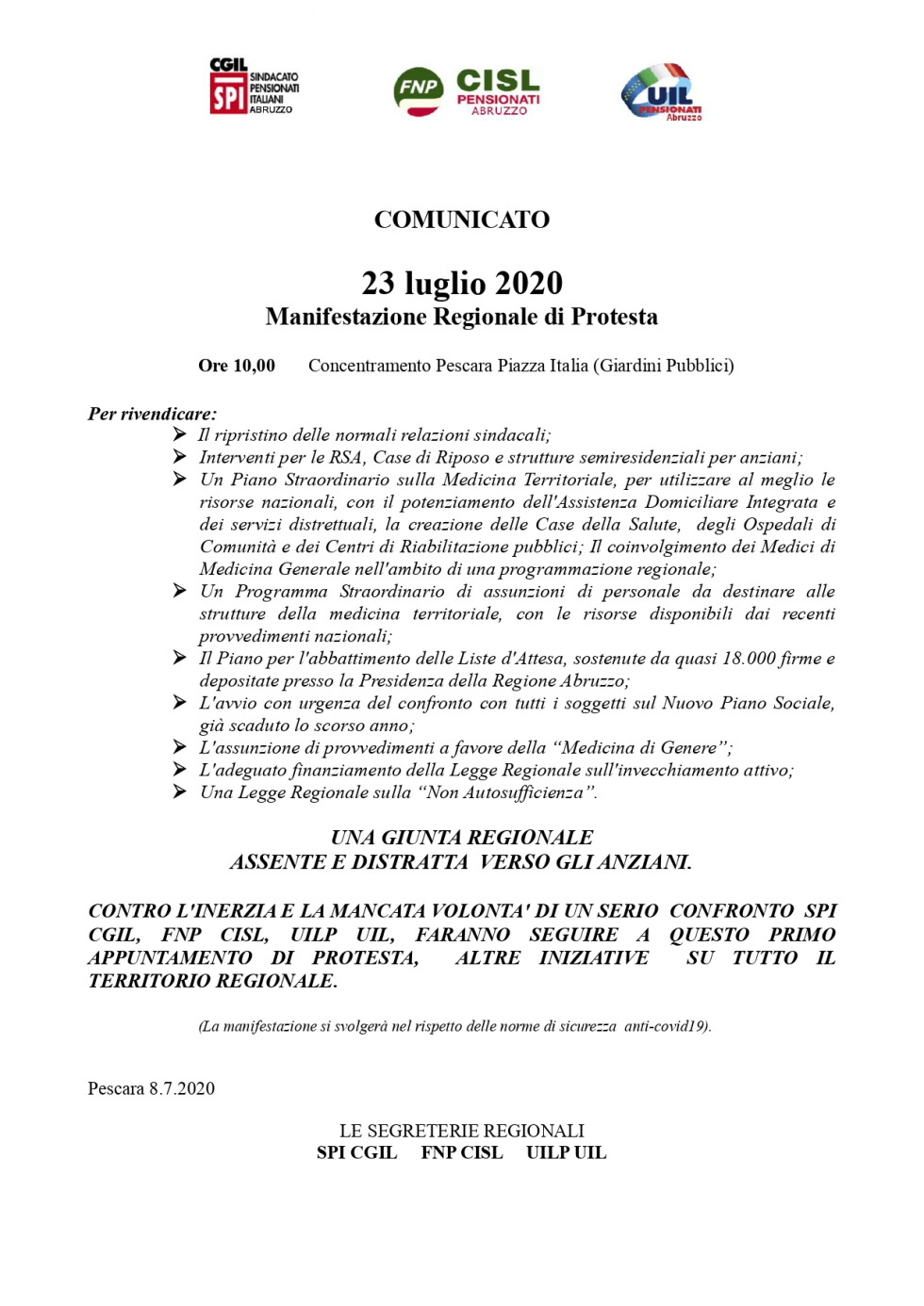 Una totale indifferenza da parte della Giunta Abruzzese alla richiesta di un confronto da parte dei sindacati dei pensionati porta alla Mobilitazione.