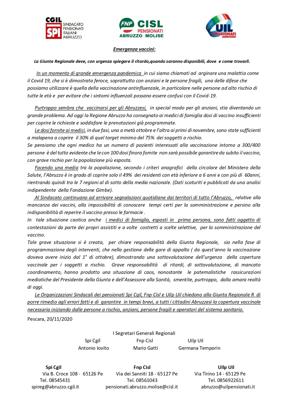 Abruzzo, emergenza vaccini: SPI CGIL, FNP CISL e UILP UIL chiedono risposte alla Giunta Regionale.