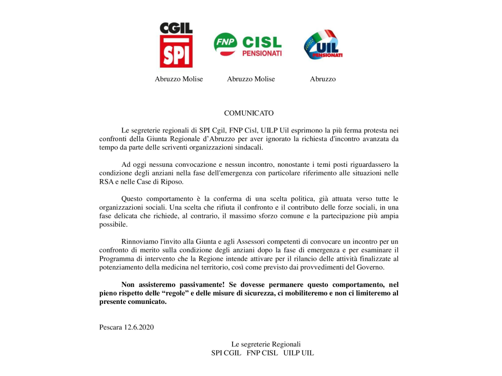 Pescara-Comunicato di protesta da parte di SPI CGIL, FNP CISL e UILP UIL nei confronti della giunta Regionale d'Abruzzo.